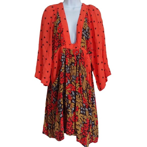 Free People Tallula Poppy Orange Floral Bell Sleeve Deep Pockets Mini Dress M - Picture 1 of 15